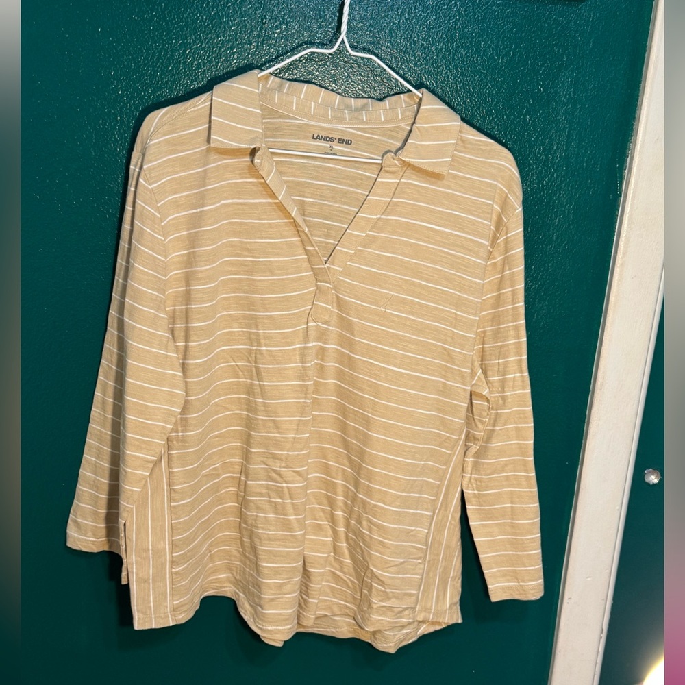 Lands' End Women's Beige Striped Long Sleeve Top